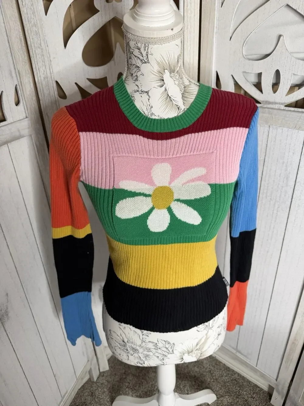 UNIF Dolly Sweater Rainbow Pullover Daisy Knit Ribbed Fitted Top Size Small
